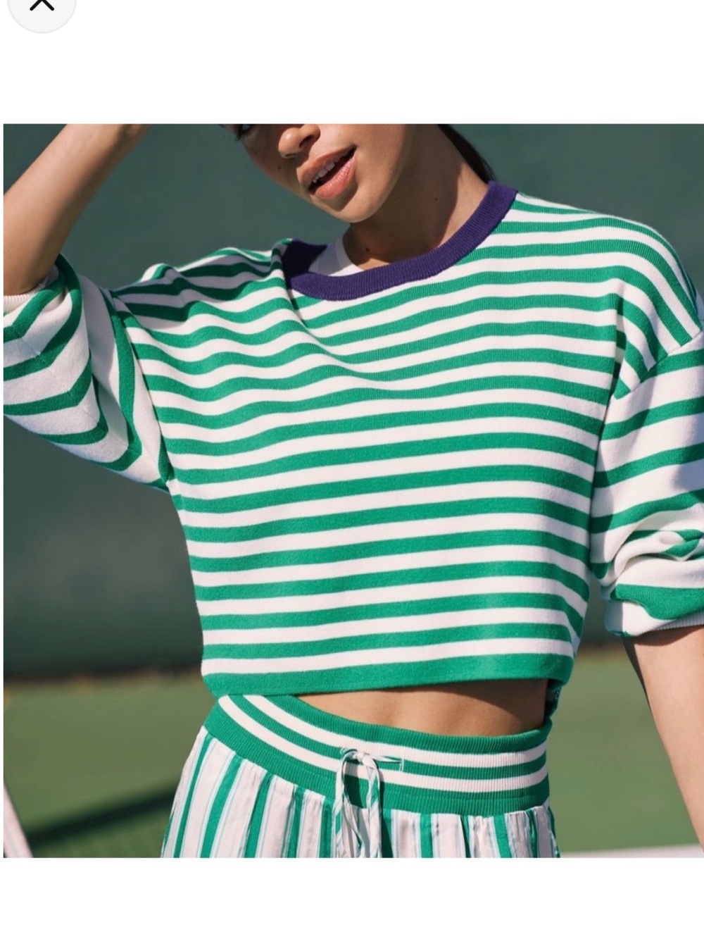 Anthropologie Daily Practice Green & White Striped Cropped Sweater Sweatshirt